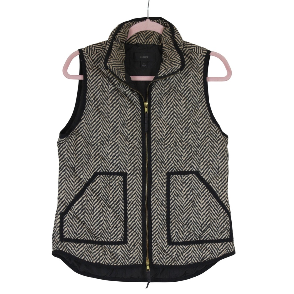 J Crew Gorpcore Preppy Black Cream Herringbone Exursion Quilted Puffer Vest XS